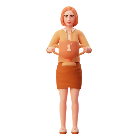 Junge Frau mit Siegertrophäe  3D Illustration