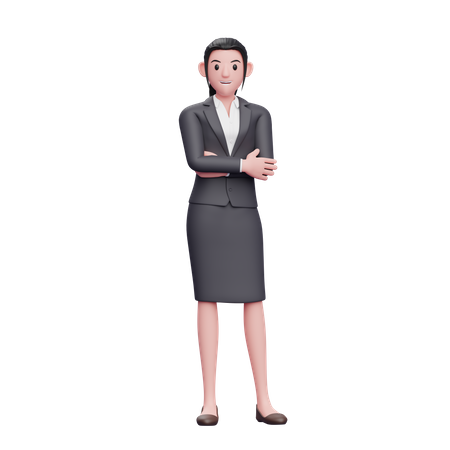 Junge Frau im Business-Anzug steht mit verschränkten Armen  3D Illustration