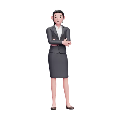 Junge Frau im Business-Anzug steht mit verschränkten Armen  3D Illustration