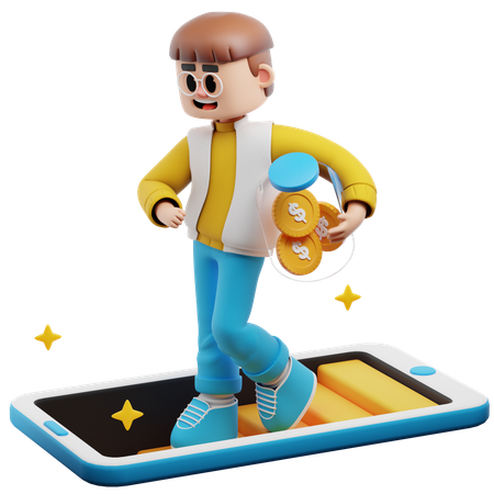 Junge Frau trägt Geld in digitalen Tresor  3D Illustration