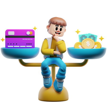 Junge Frau vergleicht Geld und digitale Währungen  3D Illustration