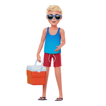 Junge geht mit Kühlbox zum Picknick  3D Illustration