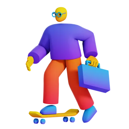 Junge geht auf Skateboard zur Arbeit  3D Illustration