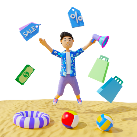 Junge genießt Einkaufsrabatt im Sommer  3D Illustration