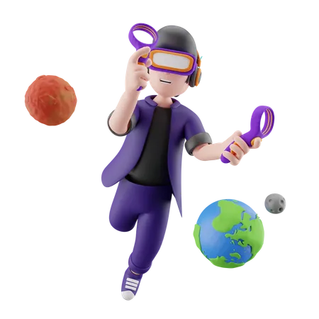 Junge genießt virtuelle Welt mit VR-Headset  3D Illustration