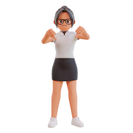 Junge Geschäftsfrau zeigt Daumen nach unten, um Abneigung und Enttäuschung auszudrücken  3D Icon
