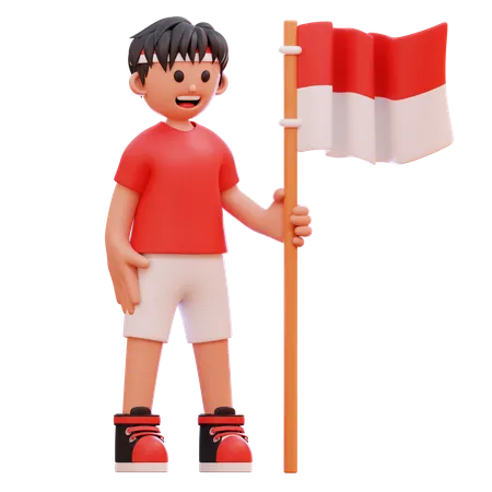 Junge hält den indonesischen Fahnenmast  3D Illustration