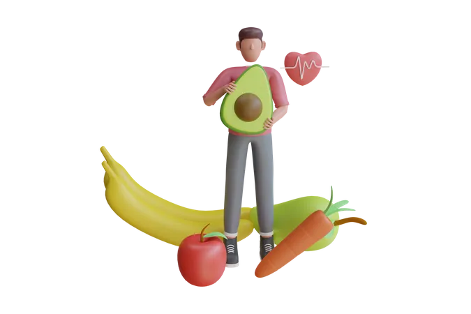3 D Konzept Fur Gesunde Ernahrung Fruchte 3 D Obstdiat Avocado Banane Karotte Mango Apfel 3 D Rendering 3D Illustration