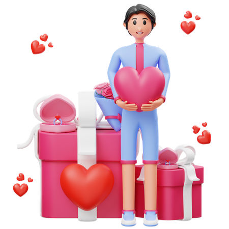 Junge hält Herz in der Hand und feiert Valentinstag  3D Illustration