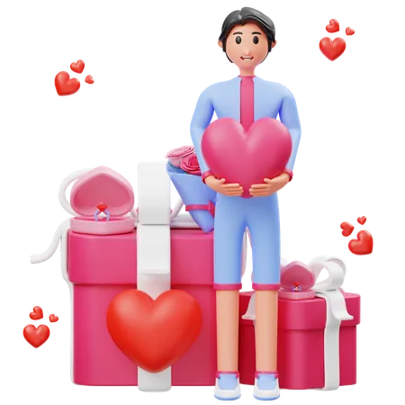 Junge hält Herz in der Hand und feiert Valentinstag  3D Illustration