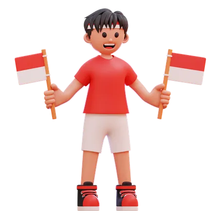 Junge hält indonesische Flagge  3D Illustration