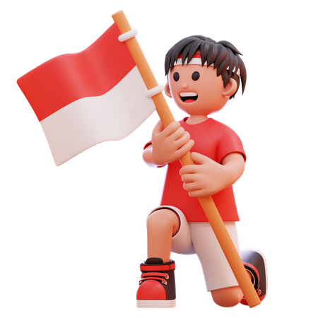 Junge hält indonesische Flagge zur Feier des Unabhängigkeitstages  3D Illustration