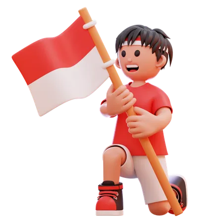 Junge hält indonesische Flagge zur Feier des Unabhängigkeitstages  3D Illustration