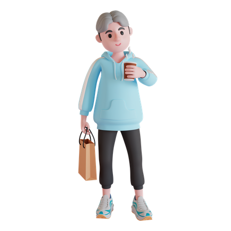 Junge hält Kaffeetasse und Einkaufstasche  3D Illustration