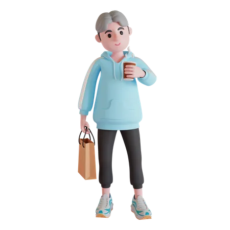 Junge hält Kaffeetasse und Einkaufstasche  3D Illustration