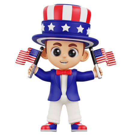 Junge hält zwei amerikanische Flaggen  3D Illustration