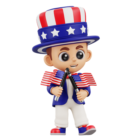 Junge hält zwei amerikanische Flaggen  3D Illustration