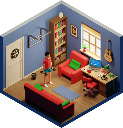 Junge, der zu Hause Hanteln hebt  3D Illustration