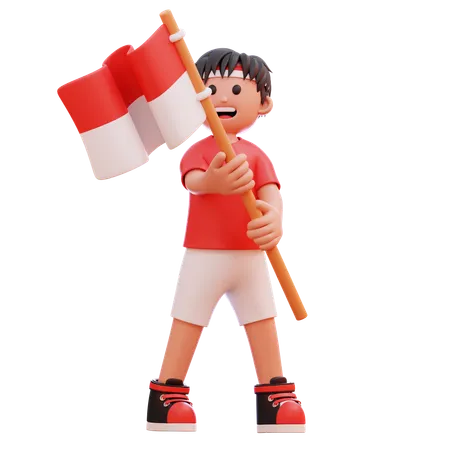 Junge hisst die indonesische Flagge  3D Illustration