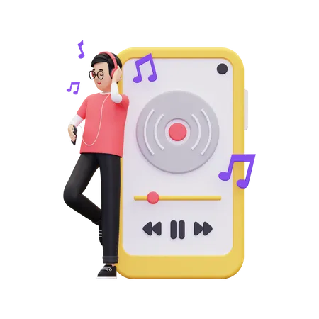 Junge hört Musik über Handy-App  3D Illustration