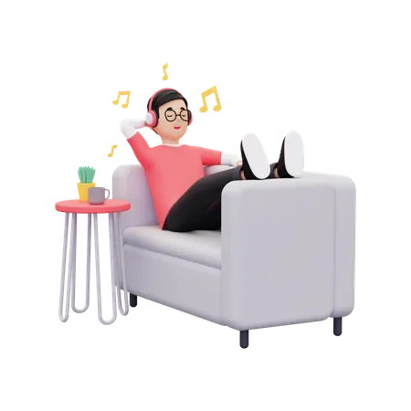 Junge hört Musik, während er auf der Couch schläft  3D Illustration