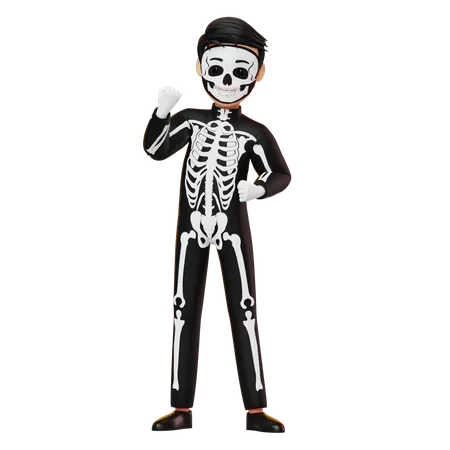 Junge im Skelettkostüm zeigt etwas  3D Illustration