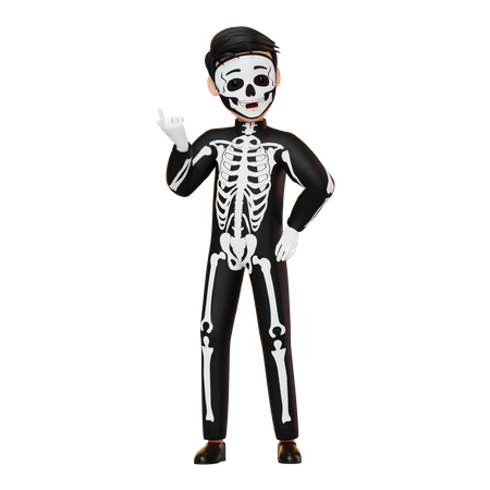 Junge im Skelettkostüm zeigt etwas  3D Illustration