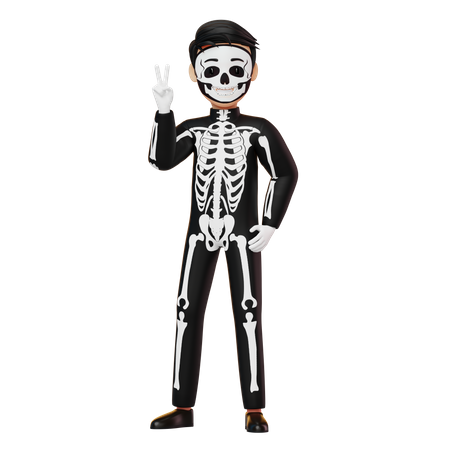 Junge im Skelettkostüm zeigt Frieden  3D Illustration