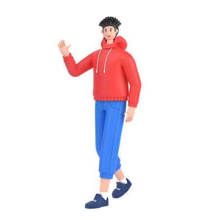 Junge in Gehpose und winkender Hand, um Hallo zu sagen  3D Illustration