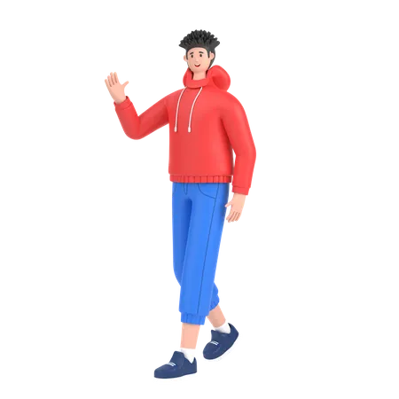 Junge in Gehpose und winkender Hand, um Hallo zu sagen  3D Illustration