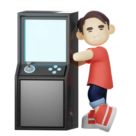 Junge liebt es, an Retro-Arcade-Automaten zu spielen  3D Illustration