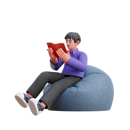 Junge liest Buch, während er auf einem Sitzsack sitzt  3D Icon