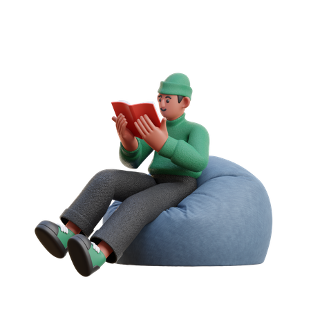 Junge liest Buch, während er auf einem Sitzsack sitzt  3D Illustration