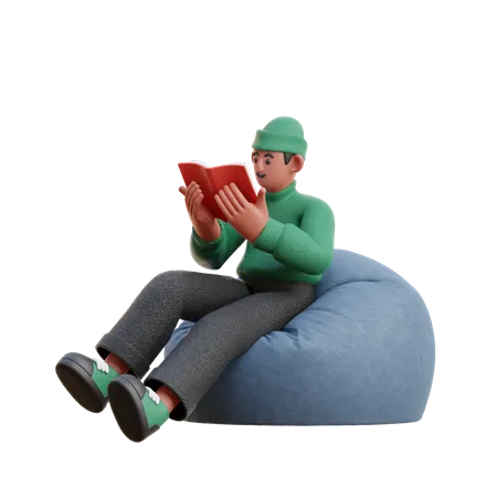 Junge liest Buch, während er auf einem Sitzsack sitzt  3D Illustration