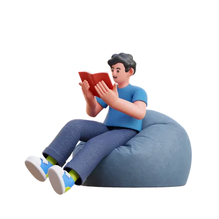 Junge liest Buch, während er auf einem Sitzsack sitzt  3D Illustration