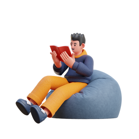 Junge liest Buch, während er auf einem Sitzsack sitzt  3D Illustration