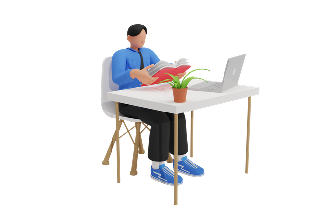 Junge liest auf Stuhl sitzend  3D Illustration