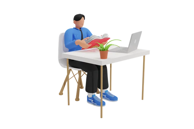 Junge liest auf Stuhl sitzend  3D Illustration