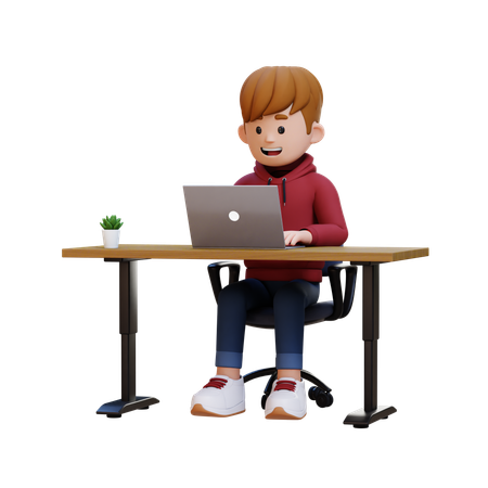 Hoodie Junge arbeitet am Laptop im Büro  3D Illustration