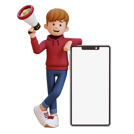 Hoodie Boy hält Megafon im Stehen mit großem Smartphone mit leerem Bildschirm  3D Illustration