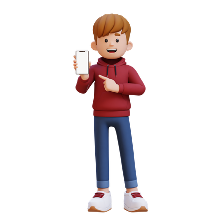 Hoodie Boy hält und zeigt auf Smartphone mit leerem Bildschirm  3D Illustration