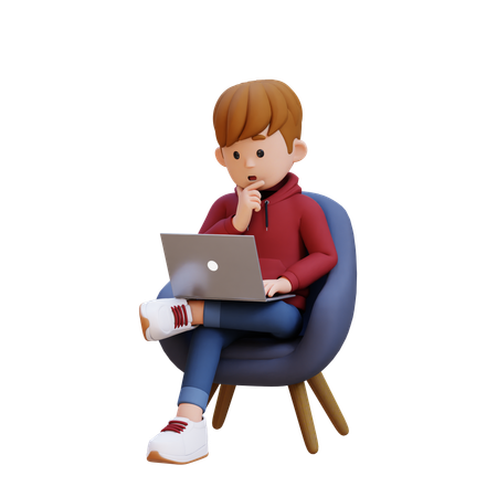 Hoodie Junge sitzt auf Sofa und arbeitet am Laptop mit denkender Pose  3D Illustration