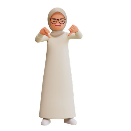 Junge muslimische Frau zeigt Daumen nach unten, um Abneigung auszudrücken, enttäuscht  3D Icon