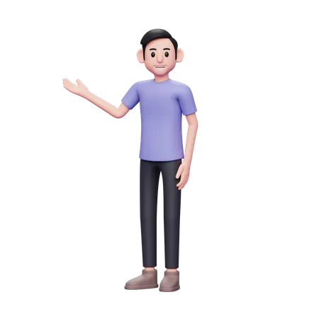 3 D Charakterdarstellung Lassiger Mann Der Mit Der Rechten Hand Den Raum Kopiert Oder Eine Einladende Geste 3D Illustration