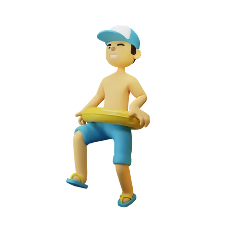 Junge läuft mit gelbem Schwimmer  3D Illustration