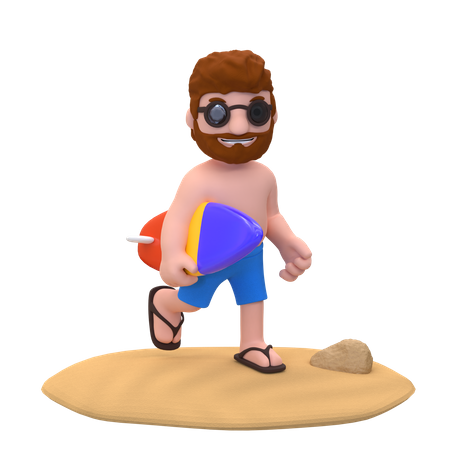 Junge rennt mit Surfbrett am Strand  3D Illustration