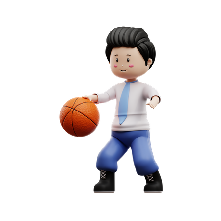 Junge Studentin dribbelt Basketball  3D Illustration