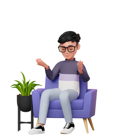 Junge der auf einem Sofa sitzt und nachdenkt  3D Illustration