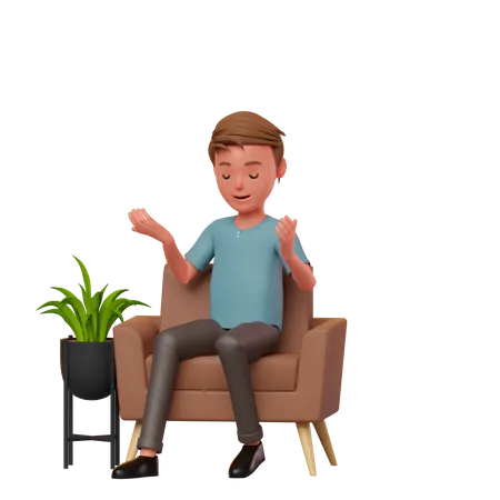 Junge der auf einem Sofa sitzt und nachdenkt  3D Illustration