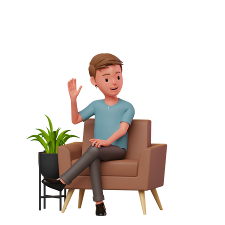 Junge sitzt auf einem Sofa und winkt mit der Hand  3D Illustration